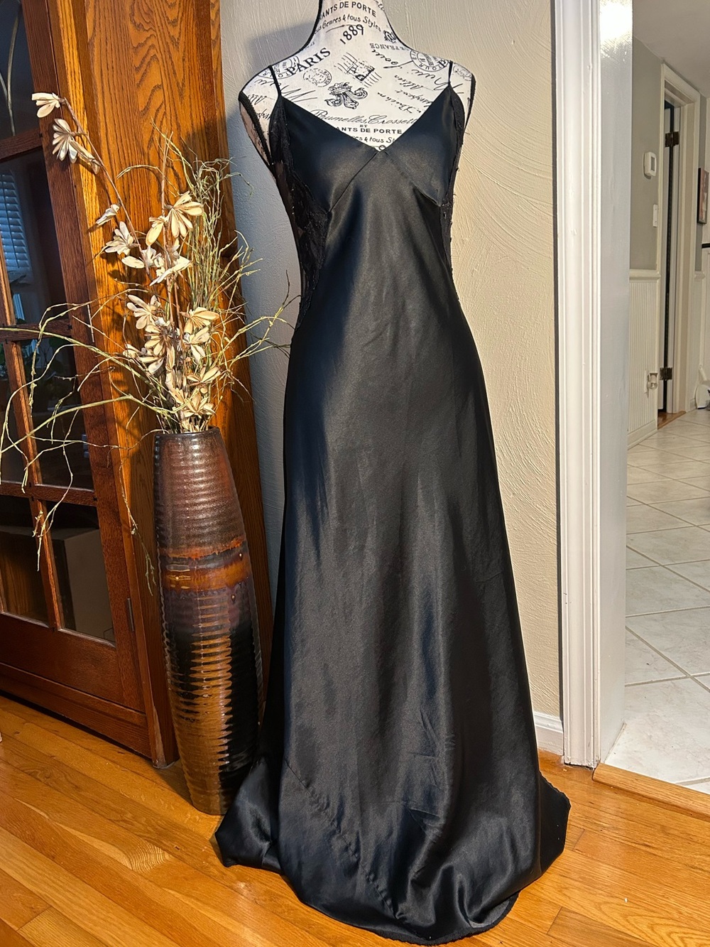 NWOT🌸Victoria's Secret Black Satin Maxi Slip Nighty w/ Lace Panels and Open Back